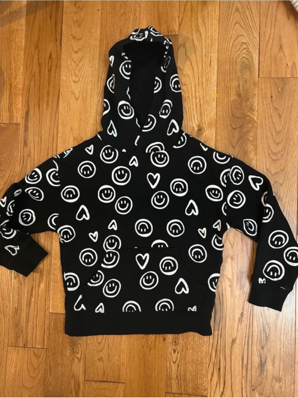 Wonder Nation Kids Size S 6-6X Black Smiley Face Heart Print Pullover Hoodie